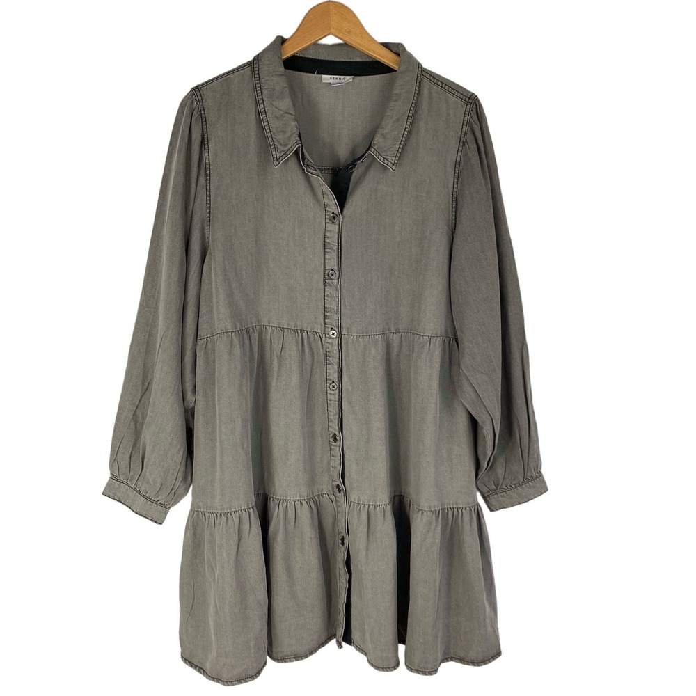 SERRA Boho Tiered Swing Shirt Dress with Pockets Size XL Long Sleeve Gray
